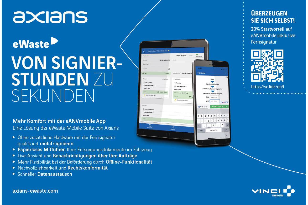 eANVmobile inkl. Fernsignatur: Der neue Begleiter für Begleitscheine  Wussten Sie schon, dass ab sofort über die eANVmobile App auch die Fernsignatur von Begleitscheinen/Übernahmescheinen ohne Signaturkarte und Kartenleser möglich ist? Aktion: Jetzt mit 20% Startvorteil auf eANVmobile inklusive Fernsignatur. 
 