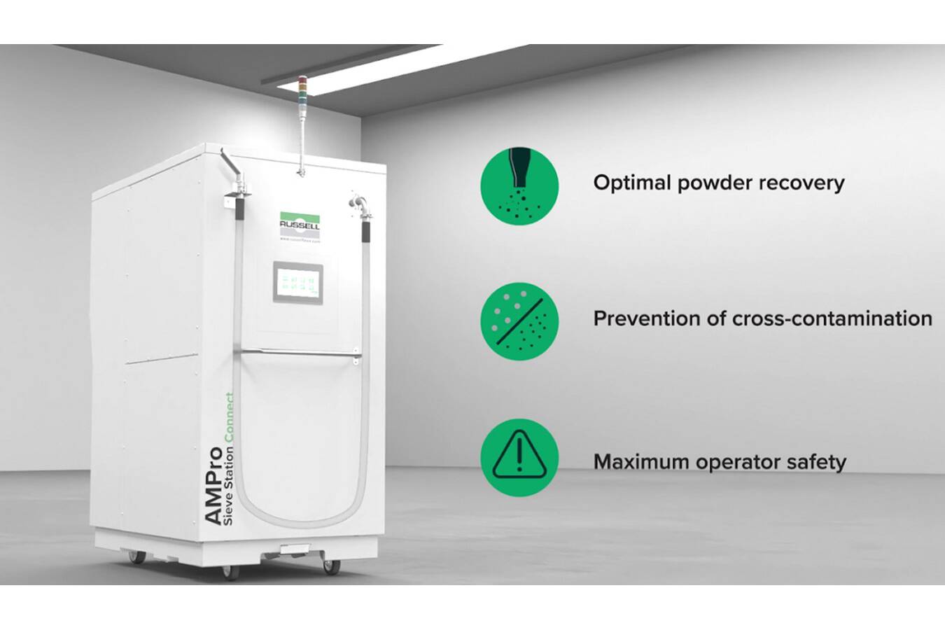 AMPro Siebstation Connect: Die ultimative Lösung für das Pulverhandlin Beschleunigen Sie Ihre additive Fertigung mit der AMPro Siebstation connect von Russell Finex