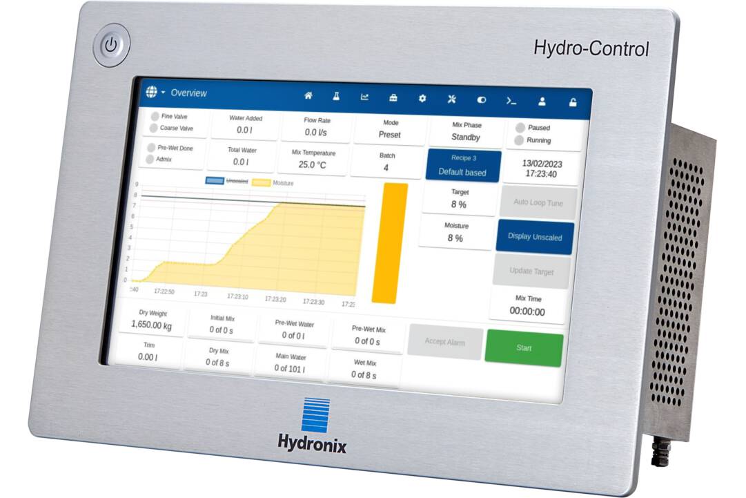 Hydronix präsentiert neuen Wasserregler für die Betonherstellung Hydronix bringt die neueste Version des Hydro-Control (Modell HC07) auf den Markt der mit dem Hydro-Mix und dem Hydro-Probe Orbiter kompatibel ist.